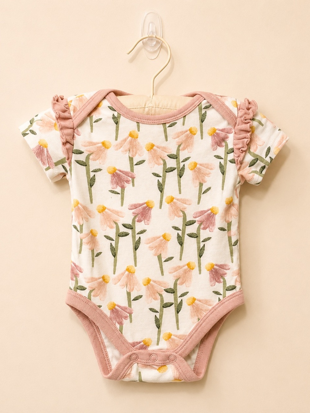 cloud island Pink Floral Ruffle-Trim One-Piece Bodysuit